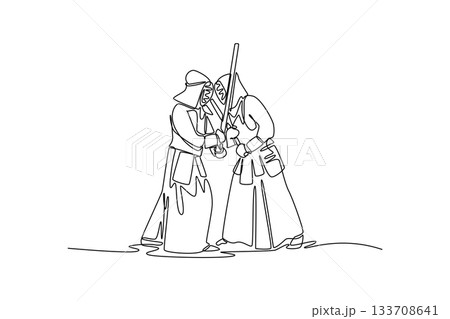 Single continuous line drawing two young men Kendo athletes in full bogu armor are locked in close-quarters grapple over bamboo sword. Intense combat. One line draw graphic design vector illustration 133708641