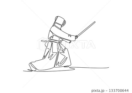Single one line drawing side view of man Kendo athlete crouching in low, deep stance, delivering horizontal strike with a bamboo sword (shinai). Continuous line draw design graphic vector illustration 133708644