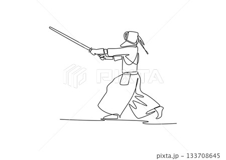 Single one line drawing man Kendo athlete poised in forward stance, lunging to strike with bamboo sword (shinai). Discipline and dynamic action. Continuous line draw design graphic vector illustration 133708645