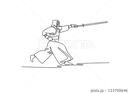 Single one line drawing man Kendo athlete poised in forward-moving stance, lunging to strike with bamboo sword (shinai). Dynamic action. Modern continuous line draw design graphic vector illustration 133708646