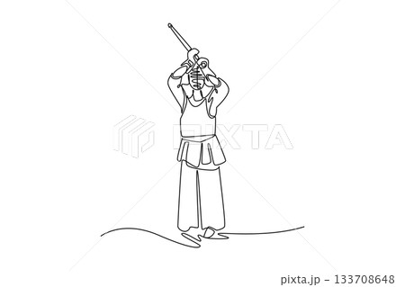 Single one line drawing man Kendo athlete standing in tall guard stance with bamboo sword (shinai) held high overhead. Discipline and readiness. Continuous line draw design graphic vector illustration 133708648