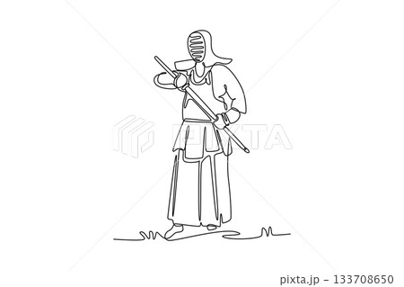 Single one line drawing man Kendo athlete is standing in formal guard stance with bamboo sword (shinai), illustrating discipline and readiness. Continuous line draw design graphic vector illustration 133708650