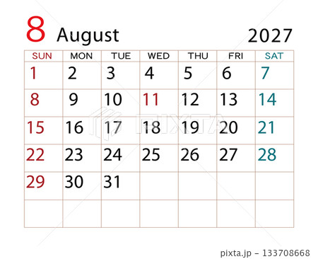 2027年カレンダー　8月 133708668