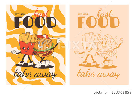 Set of fast food posters. Retro groovy cards with street food characters. Brochure with funky groovy burger, french fries, soda, ice cream, donut, pie, coffee to go, sandwich. Fast food delivery 133708855