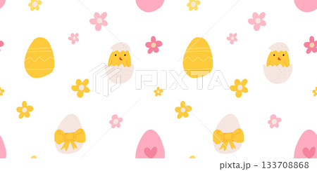 Lovely hand drawn Easter seamless pattern with bunnies, doodles, flowers, easter eggs, beautiful background. Suitable for Easter cards, banner, textiles, wallpapers. Lovely hand drawn Easter seamless pattern with bunnies, doodles, flowers, easter eggs, beautiful background. Suitable for Easter cards, banner, textiles, wallpapers. 133708868