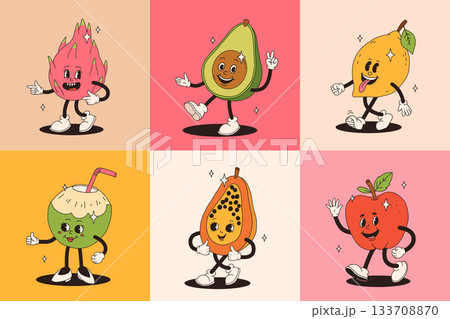 Retro groovy fruit characters. Big collection of funky happy mascots with happy smiling face. 133708870