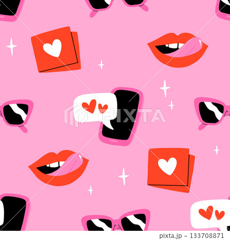 Valentines day elements vector seamless pattern. Gifts, envelope, heart, dessert, messages, candies, locks and other traditional decorations. Cartoon doodle style. Valentines day elements vector seamless pattern. Gifts, envelope, heart, dessert, messages, candies, locks and other traditional decorations. Cartoon doodle style. 133708871