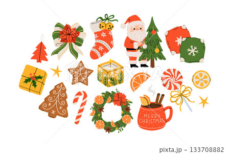Cozy collection of Christmas and New Year items. Set of traditional winter symbols, elements and decorations christmas tree, wreath, mistletoe, candles, clothes and other. Colored flat illustration Cozy collection of Christmas and New Year items. Set of traditional winter symbols, elements and decorations christmas tree, wreath, mistletoe, candles, clothes and other. Colored flat illustration 133708882