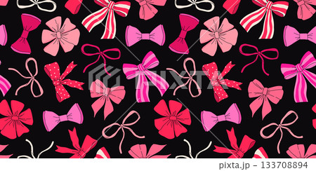 Various pink and red Bow knots, tie ups, gift bows. Hand drawn trendy Vector illustration. Wedding celebration, holiday, party decoration, gift, present concept. seamless Pattern on black background Various pink and red Bow knots, tie ups, gift bows. Hand drawn trendy Vector illustration. Wedding celebration, holiday, party decoration, gift, present concept. seamless Pattern on black background 133708894