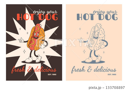 Set of fast food posters. Retro groovy cards with street food characters. Brochure with funky groovy burger, french fries, soda, ice cream, donut, pie, coffee to go, sandwich. Fast food delivery 133708897