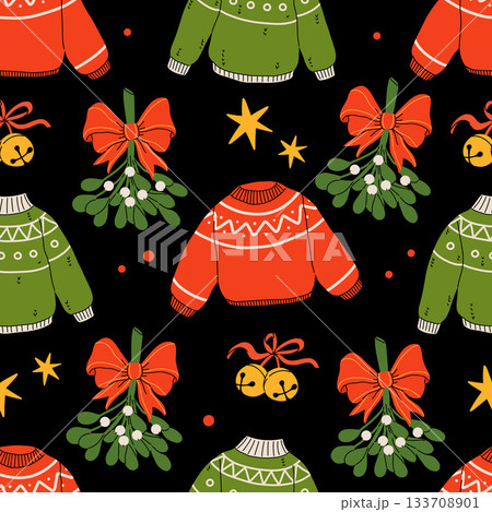 Hygge Winter elements seamless pattern. Cute and cozy cartoon vector collection. Illustration of christmas present, festive garland, warm knitted sweater, envelope, star and skates. Hygge Winter elements seamless pattern. Cute and cozy cartoon vector collection. Illustration of christmas present, festive garland, warm knitted sweater, envelope, star and skates. 133708901