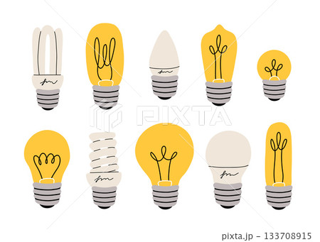 Set of types of lamps - incandescent, fluorescent, halogen, LED. types of light bulbs. Lighting equipment. Electricity. Different variants. Color icon cartoon set in Flat style. 133708915