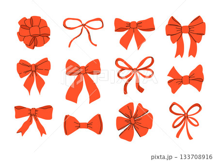 Red bows. Hand drawn silk bow for holidays present boxes, Birthday gifts red ribbon decoration flat vector illustration set. Cartoon bows collection 133708916