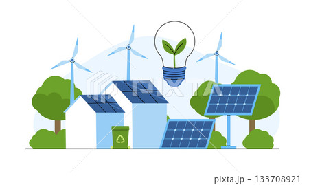 Renewable energy concept. Vector illustration of clean electric energy from renewable sources, sun, and wind. Sustainable green energy, renewable energy sources, and green electricity Renewable energy concept. Vector illustration of clean electric energy from renewable sources, sun, and wind. Sustainable green energy, renewable energy sources, and green electricity 133708921