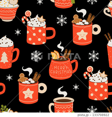 Christmas and Happy New Year seamless pattern. Mugs of cacao with whipped cream, marshmallow and candy cane. Greeting card for Xmas, New year or winter holidays. Vector design template. 133708922