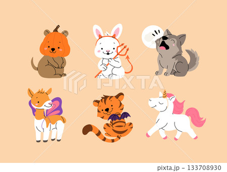 Happy Halloween day cute animal vector. Cartoon collection of animals with halloween costumes, pumpkin, imp, wings, unicorn. Adorable animal characters in autumn festival 133708930