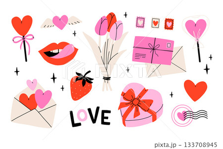 Valentine's Day set with heart and other elements on a white background. Valentine's day, wedding and love concept. Vector illustrations Valentine's Day set with heart and other elements on a white background. Valentine's day, wedding and love concept. Vector illustrations 133708945