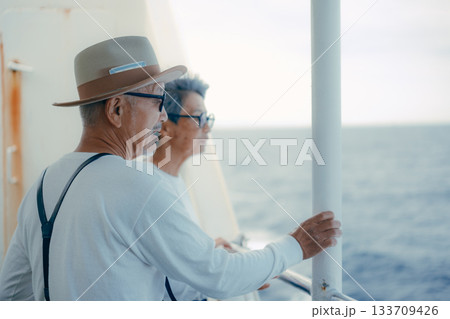 フェリーのデッキで景色を眺めるシニア夫婦の旅行シーン 133709426