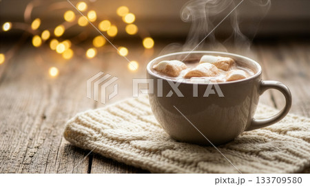 Steaming Hot Chocolate with Marshmallows on Knitted Cloth in Cozy Ambient Setting 133709580