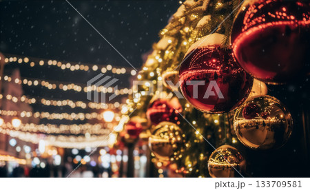 Festive Street with Snowflakes, Warm Lights, and Decorated Tree during Holiday Evening 133709581