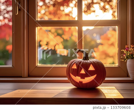 Jack-o'-Lantern and Flowers on Windowsill with Autumn Light 133709608