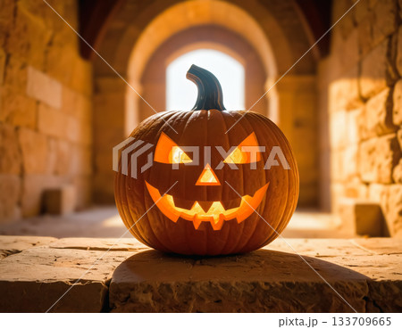 Carved Halloween jack o lantern pumpkin glowing in stone archway corridor 133709665