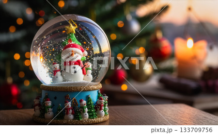 Christmas Snow Globe with Snowman, Candy Cane and Tree on Festive Base with Candle and Lights 133709756