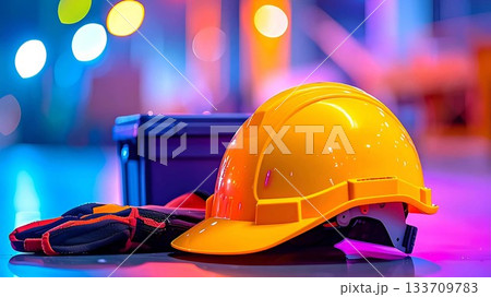 Yellow construction safety helmet with gloves and toolbox Yellow construction safety helmet with gloves and toolbox 133709783