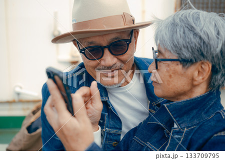 スマホを見るシニア夫婦のポートレート 133709795