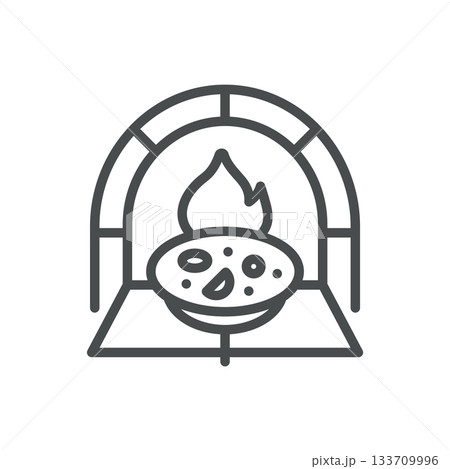 Wood Fired Oven Pizza Icon. Thin Line Illustration of Pizza Baking in Brick Oven with Flame, Representing Traditional Artisan Cooking and Authentic Italian Flavor. 133709996
