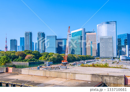 日本の東京都市景観 汐留のビル群や六本木、麻布台、東京タワー、旧築地市場…撤去工事などを望む 133710081