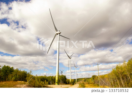 Windfarm with mills and power poles in the summer woodland. Windfarm with mills and power poles in the summer woodland. 133710532