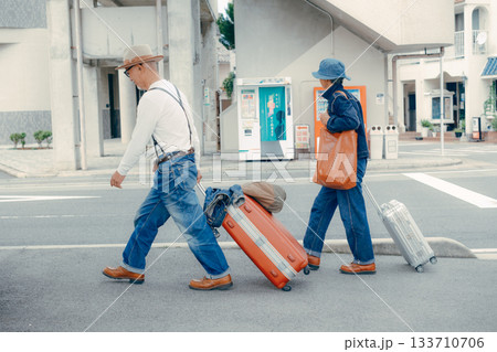 スーツケースを引いて港を歩く3人の後ろ姿 スーツケースを引いて港を歩く3人の後ろ姿 133710706