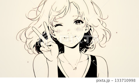 笑顔でピースサインを見せる若い女性（シンプルな色使い）