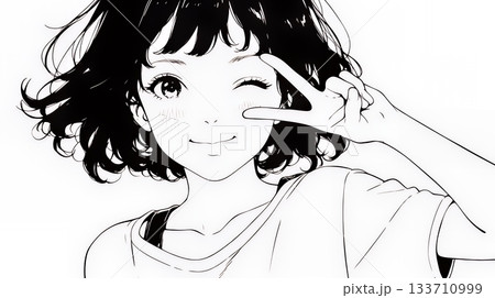 笑顔でピースサインを見せる若い女性（シンプルな色使い）