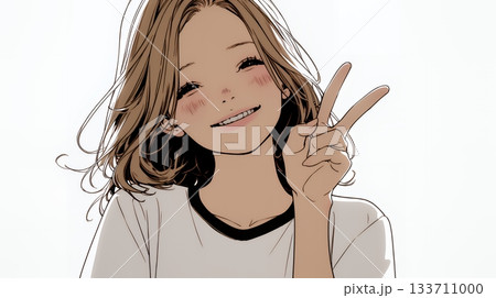 笑顔でピースサインを見せる若い女性（シンプルな色使い）