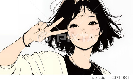 笑顔でピースサインを見せる若い女性（シンプルな色使い）