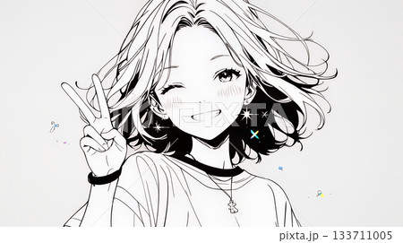 笑顔でピースサインを見せる若い女性（シンプルな色使い）