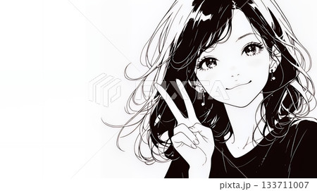 笑顔でピースサインを見せる若い女性（シンプルな色使い）