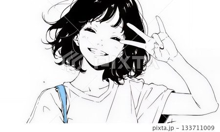 笑顔でピースサインを見せる若い女性（シンプルな色使い）