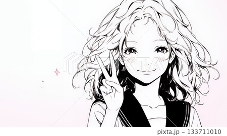 笑顔でピースサインを見せる若い女性（シンプルな色使い）