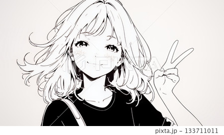 笑顔でピースサインを見せる若い女性（シンプルな色使い）