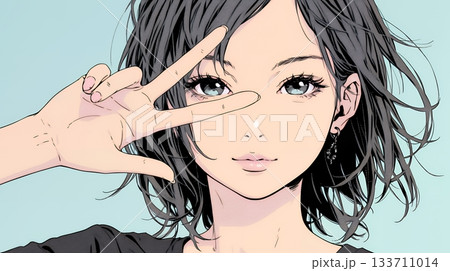 笑顔でピースサインを見せる若い女性