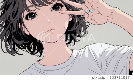 笑顔でピースサインを見せる若い女性