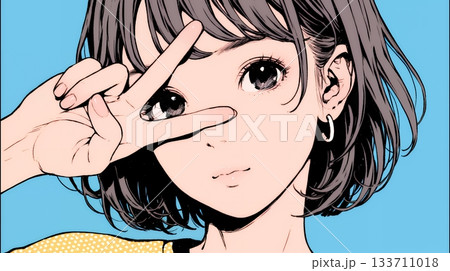 笑顔でピースサインを見せる若い女性