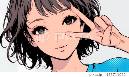 笑顔でピースサインを見せる若い女性