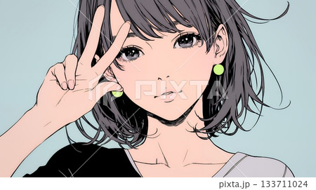 笑顔でピースサインを見せる若い女性