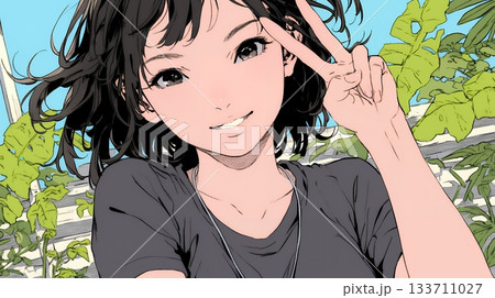 笑顔でピースサインを見せる若い女性