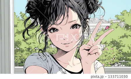 笑顔でピースサインを見せる若い女性