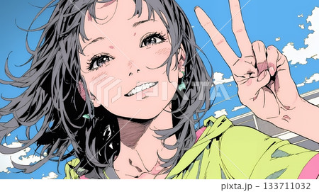 笑顔でピースサインを見せる若い女性